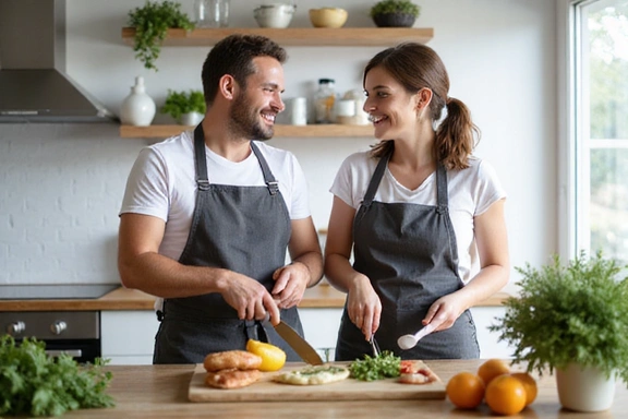 Couple cooking healthy meal together